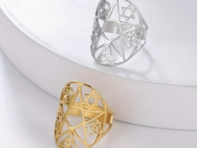 Anillo acero pentagrama + simbolos